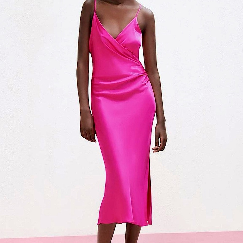 Zara Draped Camisole Midi Slip Dress in Barbie Hot Pink